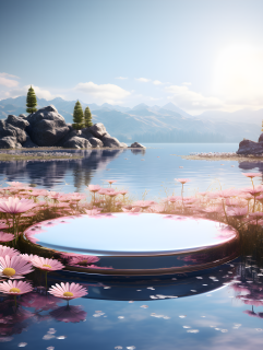 湖面波光粼粼鲜花展台摄影图片