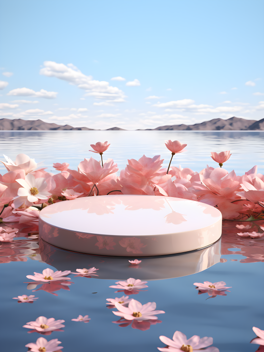 湖面干净的台面粉色花朵摄影版权图片下载
