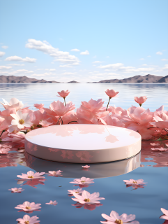 湖面干净的台面粉色花朵摄影图片