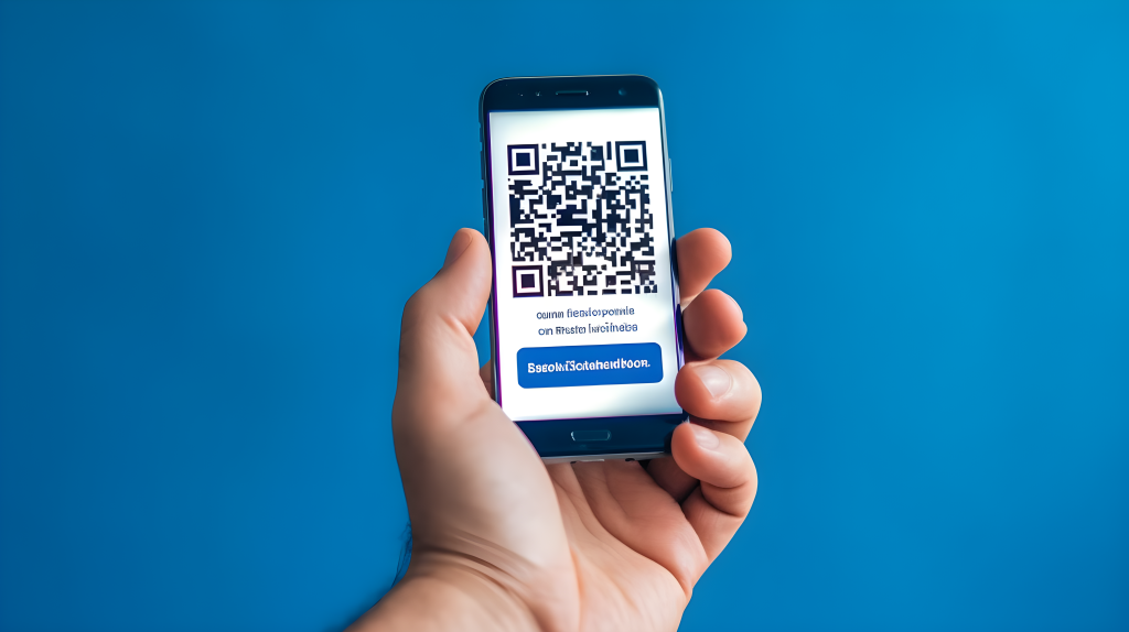 手拿智能手机展示二维码摄影图版权图片下载