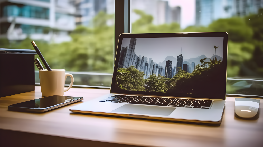 笔记本电脑窗前办公摄影图片