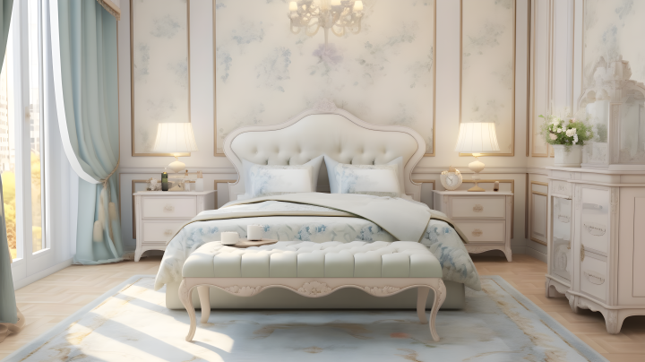 浪漫女性风格的白色床和装饰镜的摄影版权图片下载