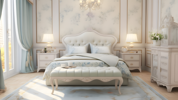 浪漫女性风格的白色床和装饰镜的摄影图片