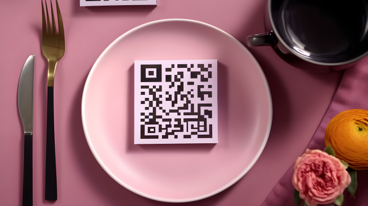 粉色餐盘中的二维码摄影版权图片下载