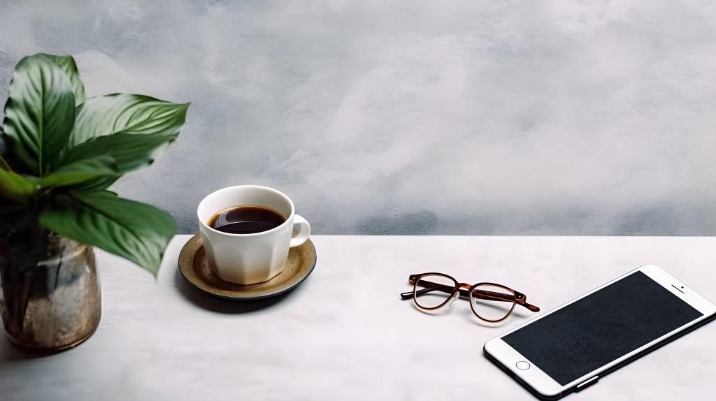 绿植和一杯咖啡近景摄影版权图片下载