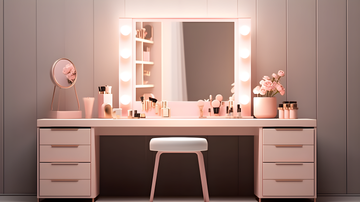 粉色梳妆台LED灯化妆镜摄影版权图片下载