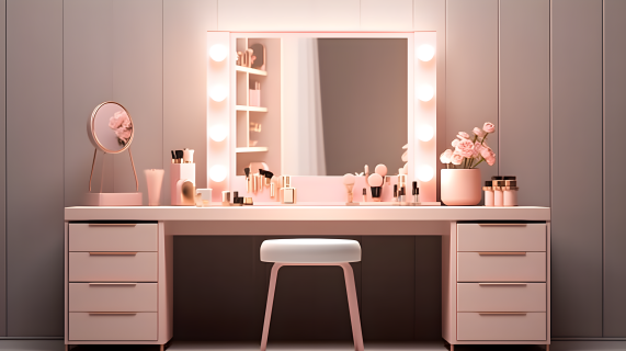 粉色梳妆台LED灯化妆镜摄影图片