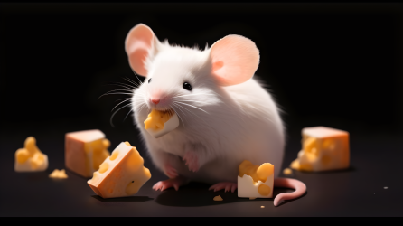 小老鼠与诱人的奶酪黑白摄影图