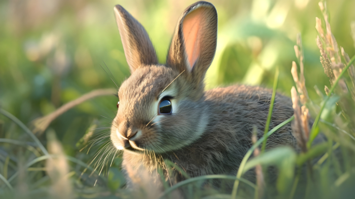 草地上的可爱毛茸兔摄影图版权图片下载