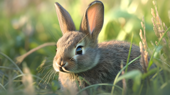 草地上的可爱毛茸兔摄影图