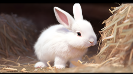 小白兔坐在干草上摄影图片