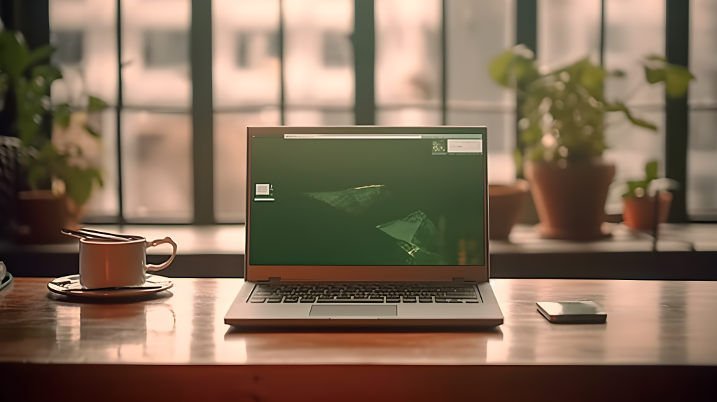 窗前摆放一台开启的笔记本电脑摄影版权图片下载