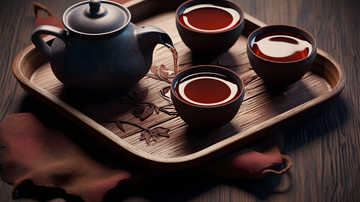 木盘上的三杯中国茶摄影版权图片下载