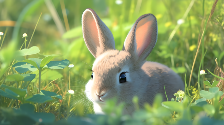 灰兔子蹲在草丛中摄影版权图片下载