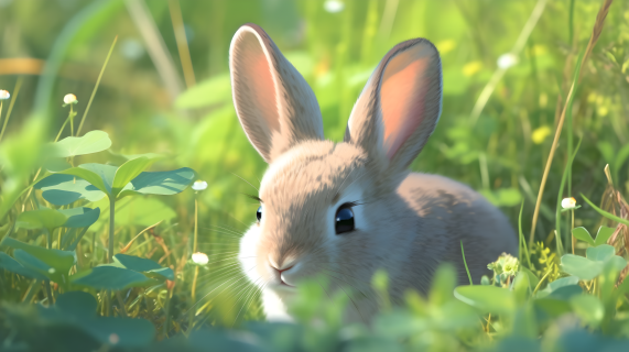 灰兔子蹲在草丛中摄影图片
