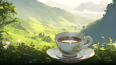 山间背景下的热茶摄影图
