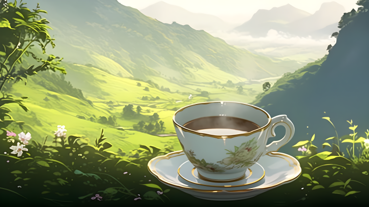 山间背景下的热茶摄影图版权图片下载