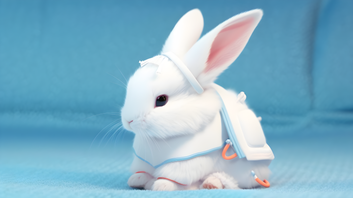 白兔坐在蓝毯上的宠物风摄影版权图片下载