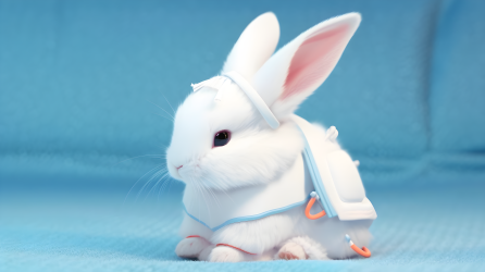 白兔坐在蓝毯上的宠物风摄影图片