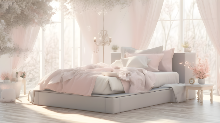柔和粉色与深米色的全部白色床上摄影版权图片下载