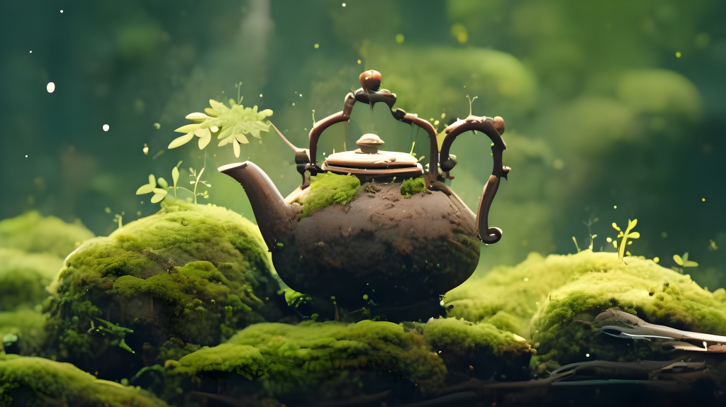 清新绿茶木桌摄影图片