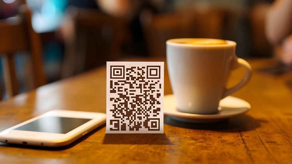 餐桌上塑料菜单二维码支架摄影图片