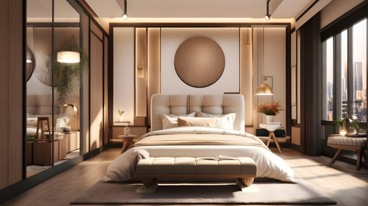 新中式装修风格的卧室摄影图版权图片下载