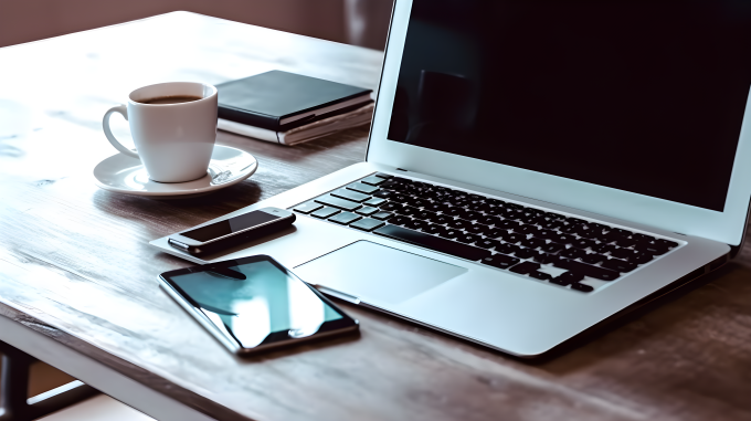 办公室的电脑和手机摄影图片