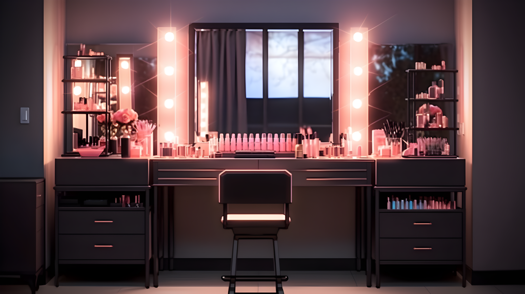 深铜粉色光影化妆台摄影图片