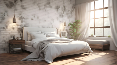 白墙白床的极简风格卧室摄影图片