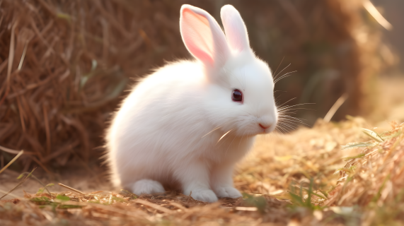 小白兔与干草摄影图片