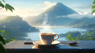 品茶赏山中美景摄影图
