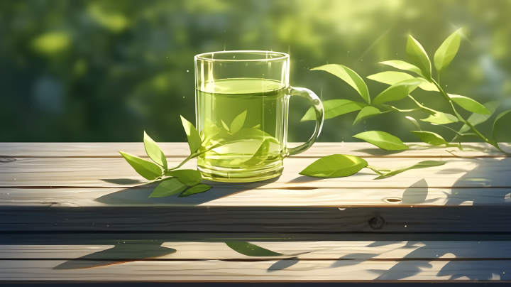 绿茶在木桌上的摄影版权图片下载
