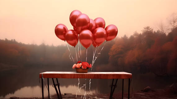红玫瑰餐桌飘着红色气球摄影图片
