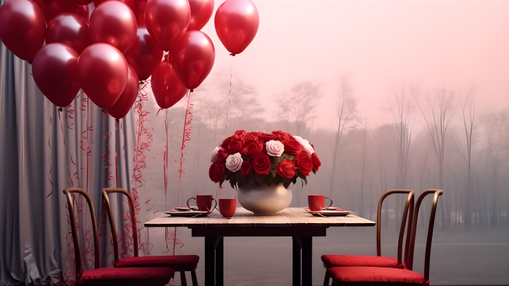 浪漫晚餐桌红色气球摄影版权图片下载