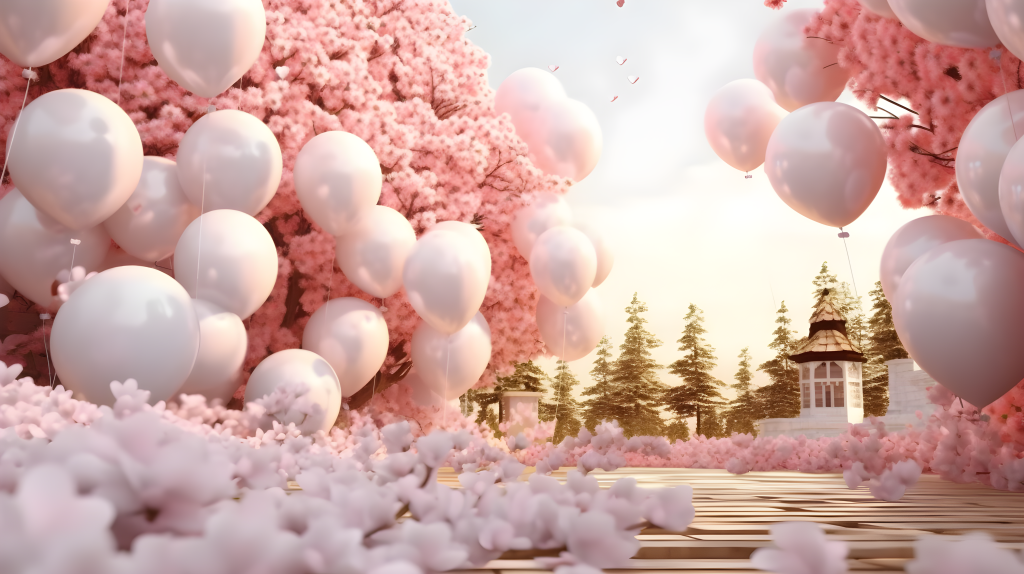 粉白气球装饰的浪漫主题摄影图
