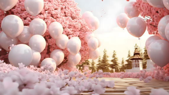 粉白气球装饰的浪漫主题摄影图