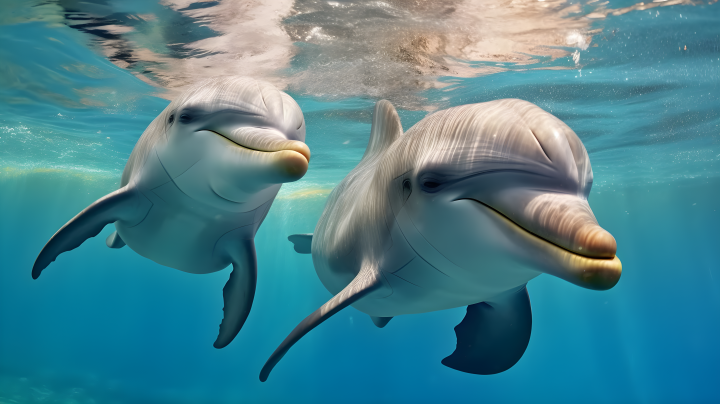 海豚在水中微笑的面孔摄影版权图片下载