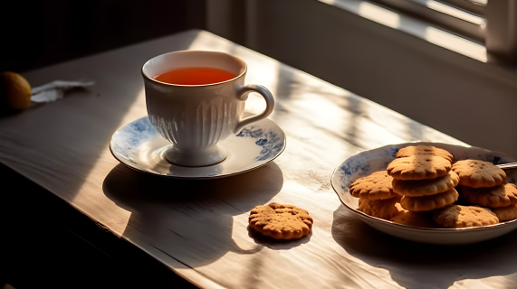 实木桌上的茶与饼干摄影图片