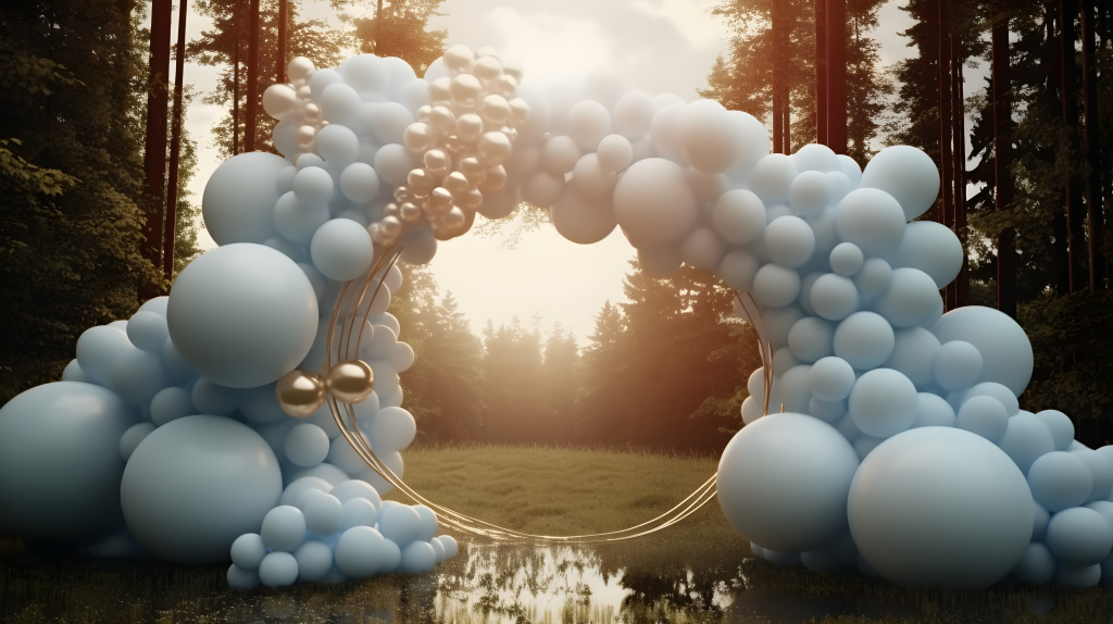 婚礼现场蓝白气球拱门摄影版权图片下载