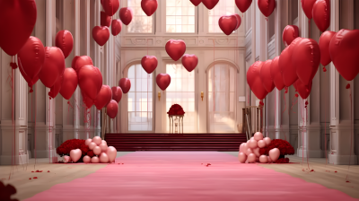飘着红色气球的教堂浪漫摄影图片