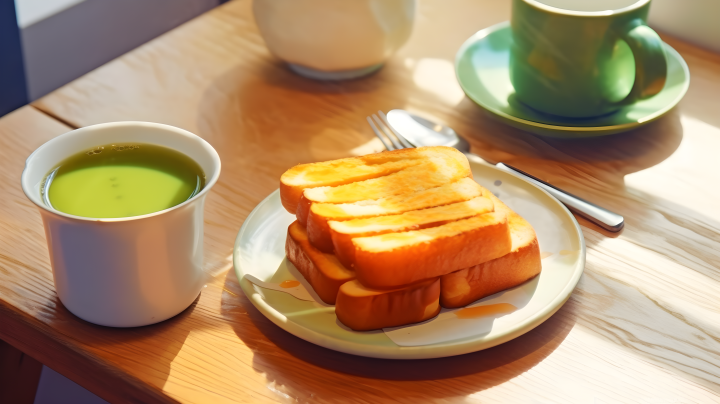 木桌上的面包与茶杯摄影版权图片下载