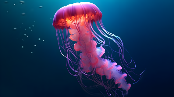 梦幻海洋水母在深青色下游动摄影图