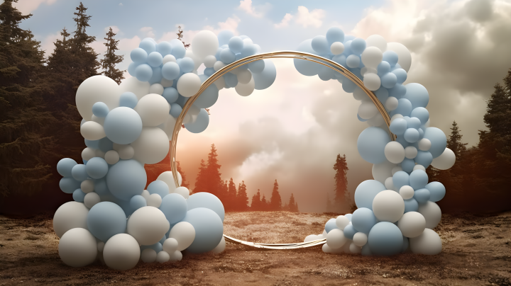 蓝白色圆形气球拱门近景摄影版权图片下载