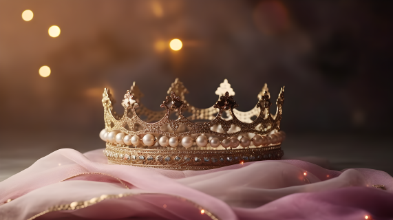 柔软浪漫粉色纱上的皇冠摄影图片