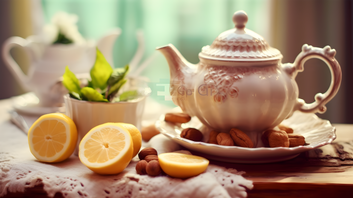 白色茶壶柠檬坚果摄影版权图片下载