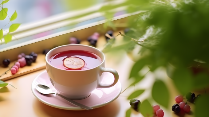 柔和紫色与白色的红浆果茶摄影图
