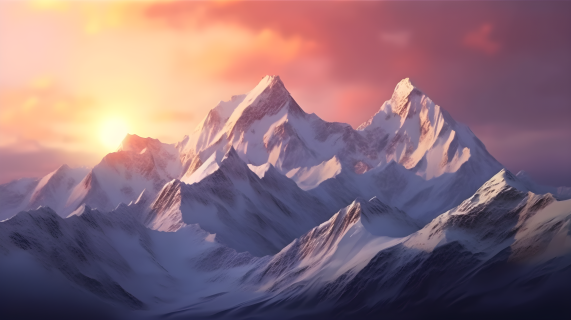 雪山与夕阳的合影摄影图片