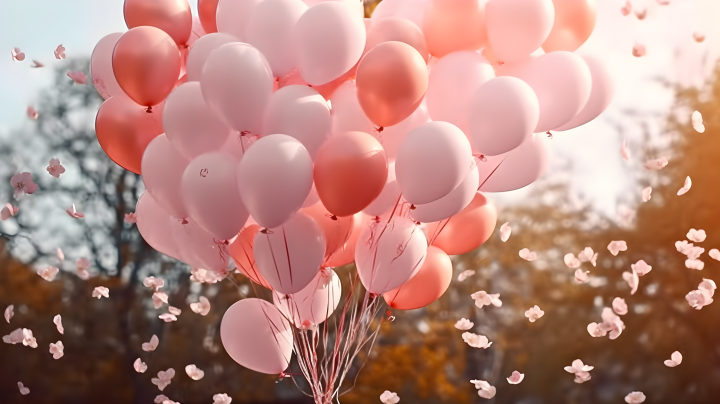 玫瑰花瓣飘落一大串粉色气球摄影图版权图片下载