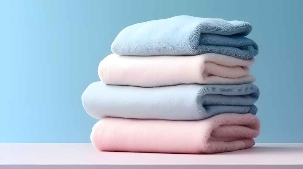 蓝色背景下的柔软毛巾堆叠摄影图